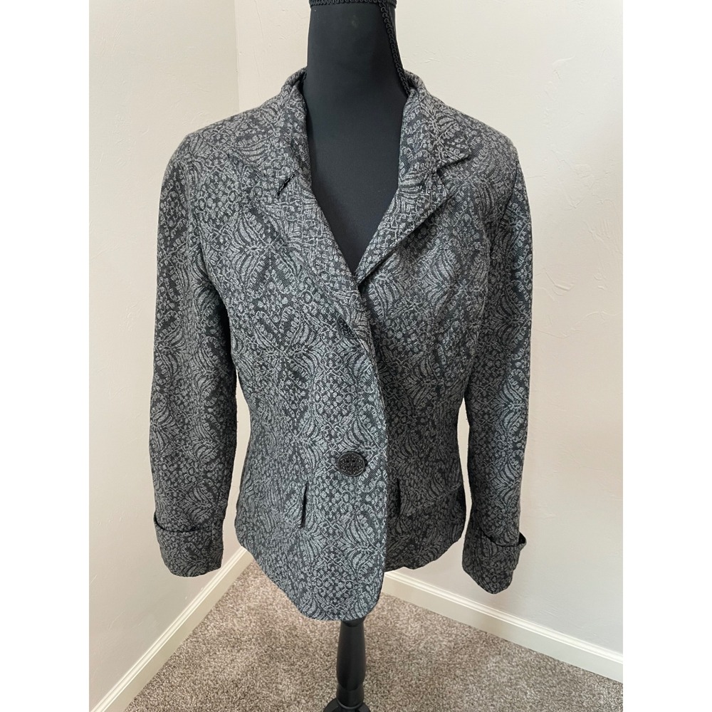 Coldwater Creek Grey Black Jacquard Wool Blend Blazer Jacket Size 8 Office Wear